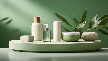 Serene Spa Scene With Skincare Products On Textured Platforms Against A Pale Green Backdrop