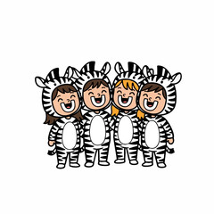 Naklejka premium Cartoon Handdrawn Little Kids in Zebra Costume Group Illustration