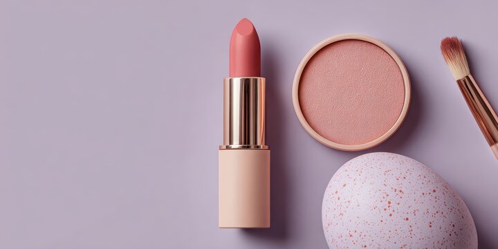 Minimalist makeup set flat lay lipstick compact powder