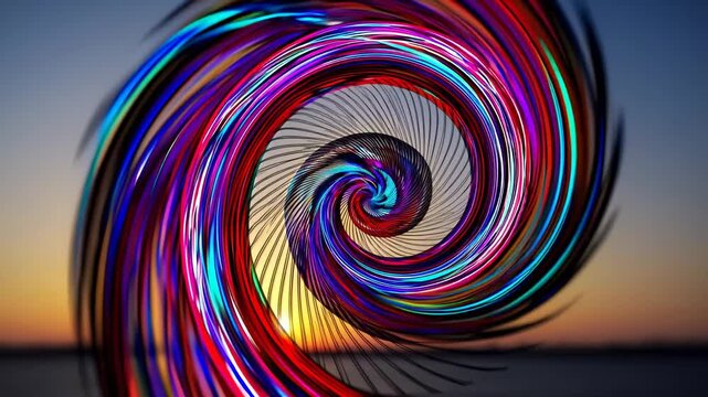The image shows a swirling pattern of colors in the sky. The vibrant lights create a captivating spiral effect against the sunset backdrop.