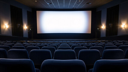 Empty Cinema with Illuminated Screen and Seats.