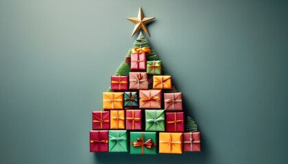Decorative Christmas Tree Made Of Colorful Presents And Star