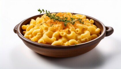 Creamy Mac And Cheese In Rustic Bowl Garnished With Fresh Thyme M Minimalist Food Shot On White Background