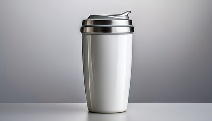White Travel Mug With Silver Lid And Handle On A Light Background