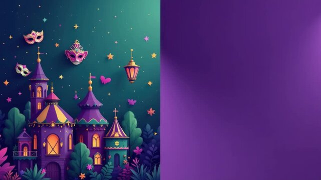 Colorful fairytale castle with masks and lanterns against starry sky for mardi gras festival celebration