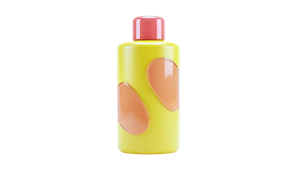Yellow bottle with abstract orange design and pink cap