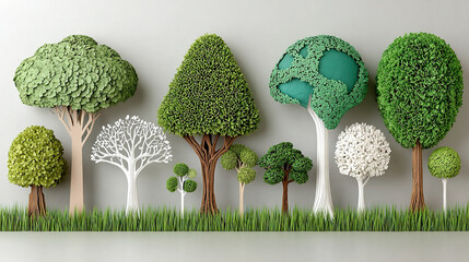 Stylized trees with various shapes and colors on a grassy background.