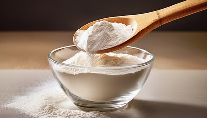 Collagen Powder Or Flour Being Measured With Wooden Spoon And Glass Bowl