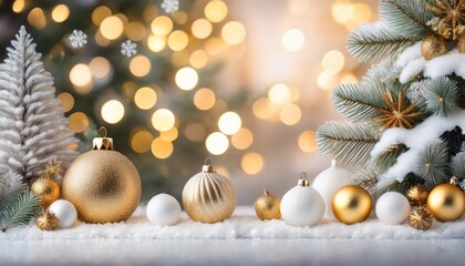 Christmas Holiday Background With Snow Fir Tree And Decorations With Christmas Light Behind Christmas White And Golden Balls On A Winter Festive Background
