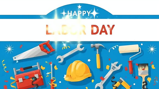 Happy Labor Day Celebration with Tools and Confetti in Blue Background