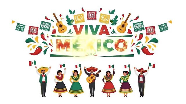 Happy Mexican Fiesta People Celebrate Viva Mexico Colorful Day Decorations