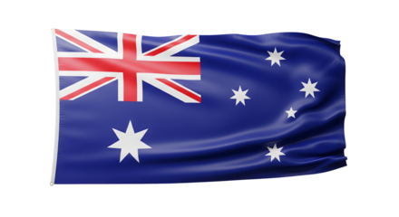 The australian flag waves gently on a white background symbolizing national pride and patriotism with its blue red and white colors