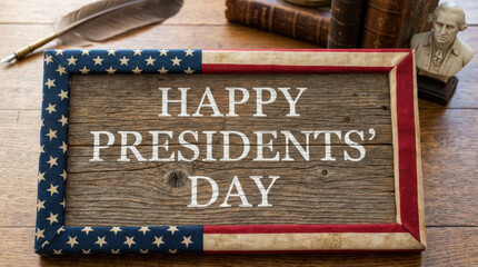 Usa flag background banner day independence american concept happy presidents day rustic wood sign patriotic decor holiday celebration tabletop feather book bust presidents day concept
