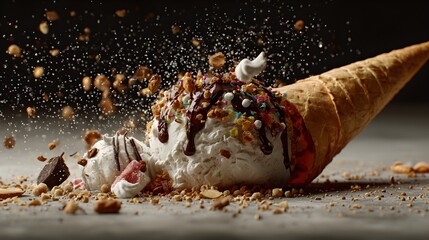 Delicious ice cream cone with flying toppings