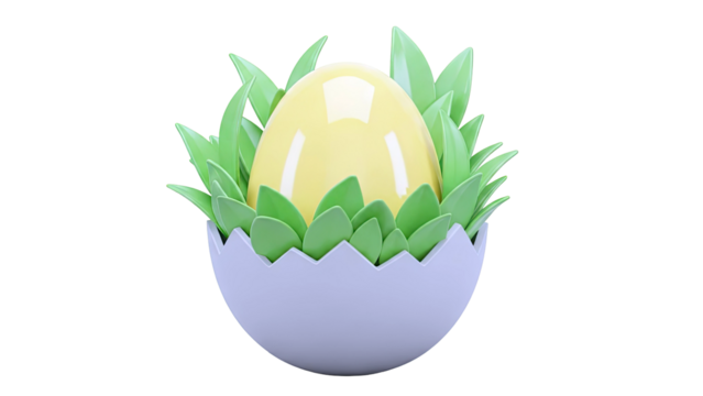 Yellow Easter Egg in Cracked Shell with Green Leaves - Powered by Adobe