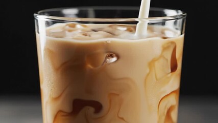 Refreshing cold brew coffee with ice cubes being transformed into a creamy delicious iced latte as fresh milk is poured in creating beautiful swirling patterns and a perfect blend of flavors for a de.