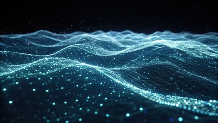 A digital representation of flowing waves, illuminated by glowing particles, creating a mesmerizing visual effect against a dark background.