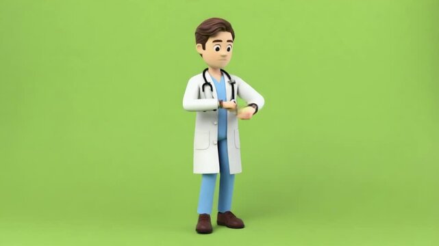 Friendly doctor in white coat smiling and checking watch on green background