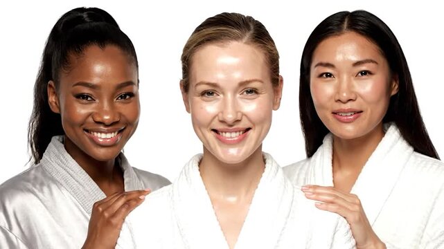 Three women in robes with glowing skin