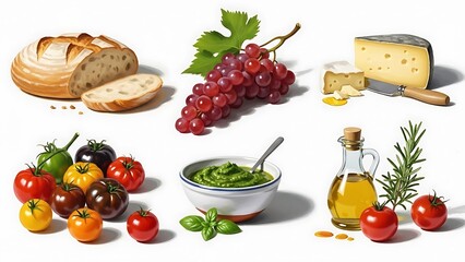 A delightful assortment of fresh ingredients for cooking, including crusty bread, ripe tomatoes, basil pesto, grapes, and cheese