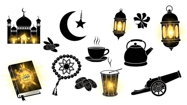 Islamic Ramadan Icons With Mosque Crescent Moon Lanterns And Quran