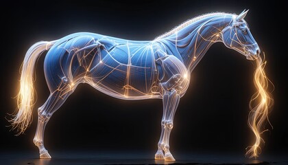 Luminescent anatomical structure of an equine figure glows against a dark background