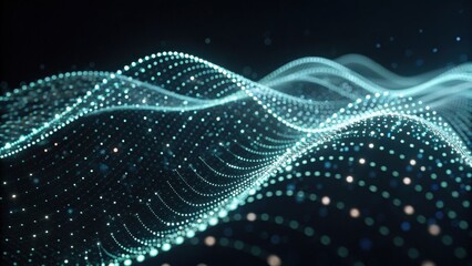 A mesmerizing digital wave pattern composed of glowing dots, creating an abstract representation of sound or data flow against a dark background.