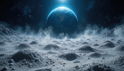 Distant blue planet looms over a desolate, cratered lunar surface under a starry sky