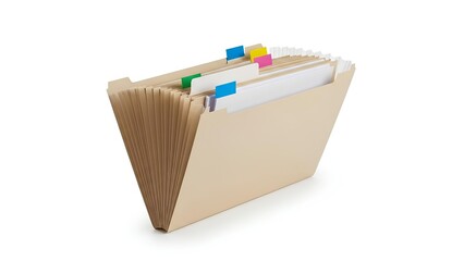 A cardboard file organizer with colorful tabs on a white background
