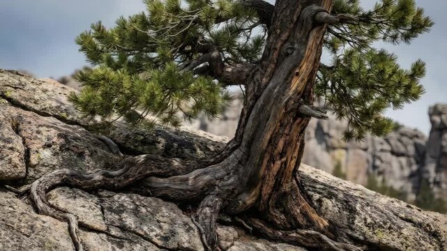 Resilient pine tree growing from rocky cliff in harsh mountain environment