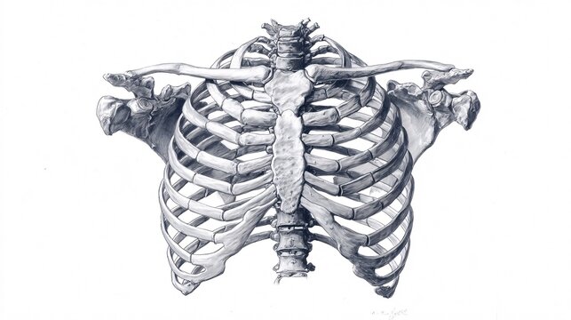 Detailed Anatomical Illustration of Human Rib Cage with Spine and Scapulae