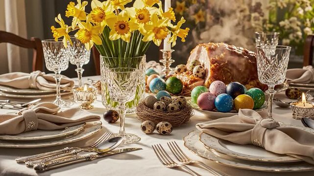 Festive Easter table setting with flowers, ham, colored eggs, candles, fine china, and glassware