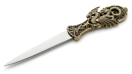 A close-up view of an ornate dagger with a dragon handle