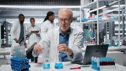 Elderly researcher inspecting blue liquid clarity in test tube, inputting data on laptop. Senior man in lab verifying chemical purity standards for industrial product manufacturing process, camera B