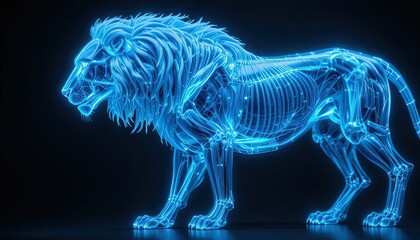 Digital wireframe representation of a majestic male lion illuminates a dark background with vibrant blue light