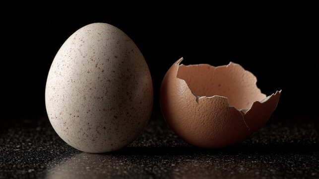Close-up of speckled egg and broken shell on dark textured surface with soft lighting