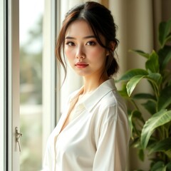 Elegant Reflection: A woman stands by a window, gazing serenely outward, with light and shadow softly caressing her features. The scene embodies a sense of quiet contemplation and inner peace.