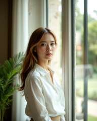 Serene Solitude: A woman's portrait at a sunlit window, reflecting on her inner self, her gaze thoughtful and introspective.