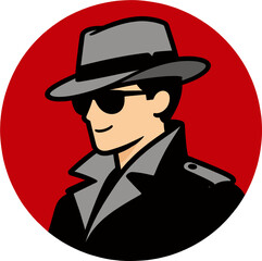 Cartoon Detective Smiling with Sunglasses Fedora Coat in Red Circle, Stylish Noir Investigator Avatar Vector Logo