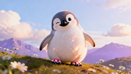 Cute Baby Penguin Standing in Flower Meadow at Sunrise