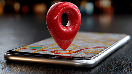 Navigation App Icon: A vibrant red location marker poised atop a sleek smartphone displaying a detailed map, symbolizing modern navigation and digital exploration.