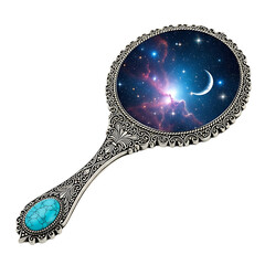 Celestial mirror with intricate design and turquoise stone