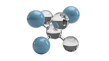 3D molecular model with blue and glass spheres