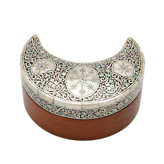 Intricate crescent-shaped decorative box with floral designs
