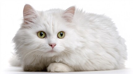 Close-up of fluffy white cat lying down on white background with wide eyes