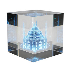 Illuminated mosque in a transparent cube