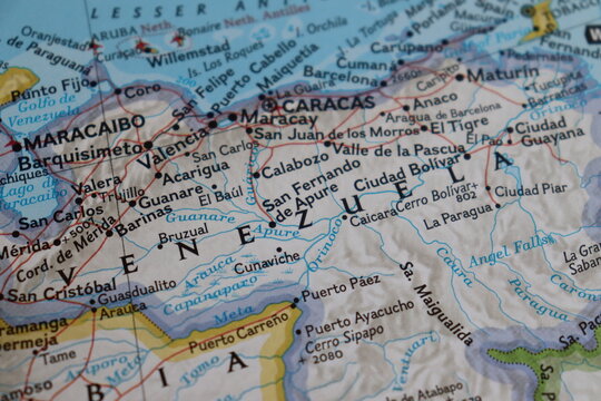 Quebec city, Canada, January 10th, 2026 : Illustration of a map zone of Venezuela with the Caracas country. USA and external policy ans south america.