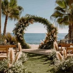 Fototapeta premium Tropical Beach Wedding with Floral Greenery Arch at Serene Coastal Ceremony Venue