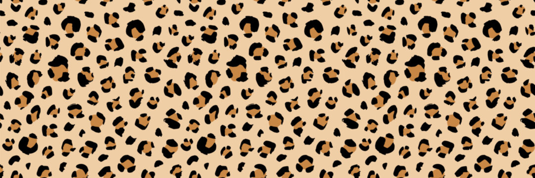 Seamless leopard print pattern with brown spots on beige background. Vector animal skin texture perfect for fabric design, fashion textiles, and safari-themed decoration projects.