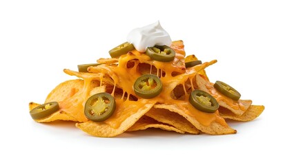 A delicious pile of nachos with cheese, jalapenos, and sour cream